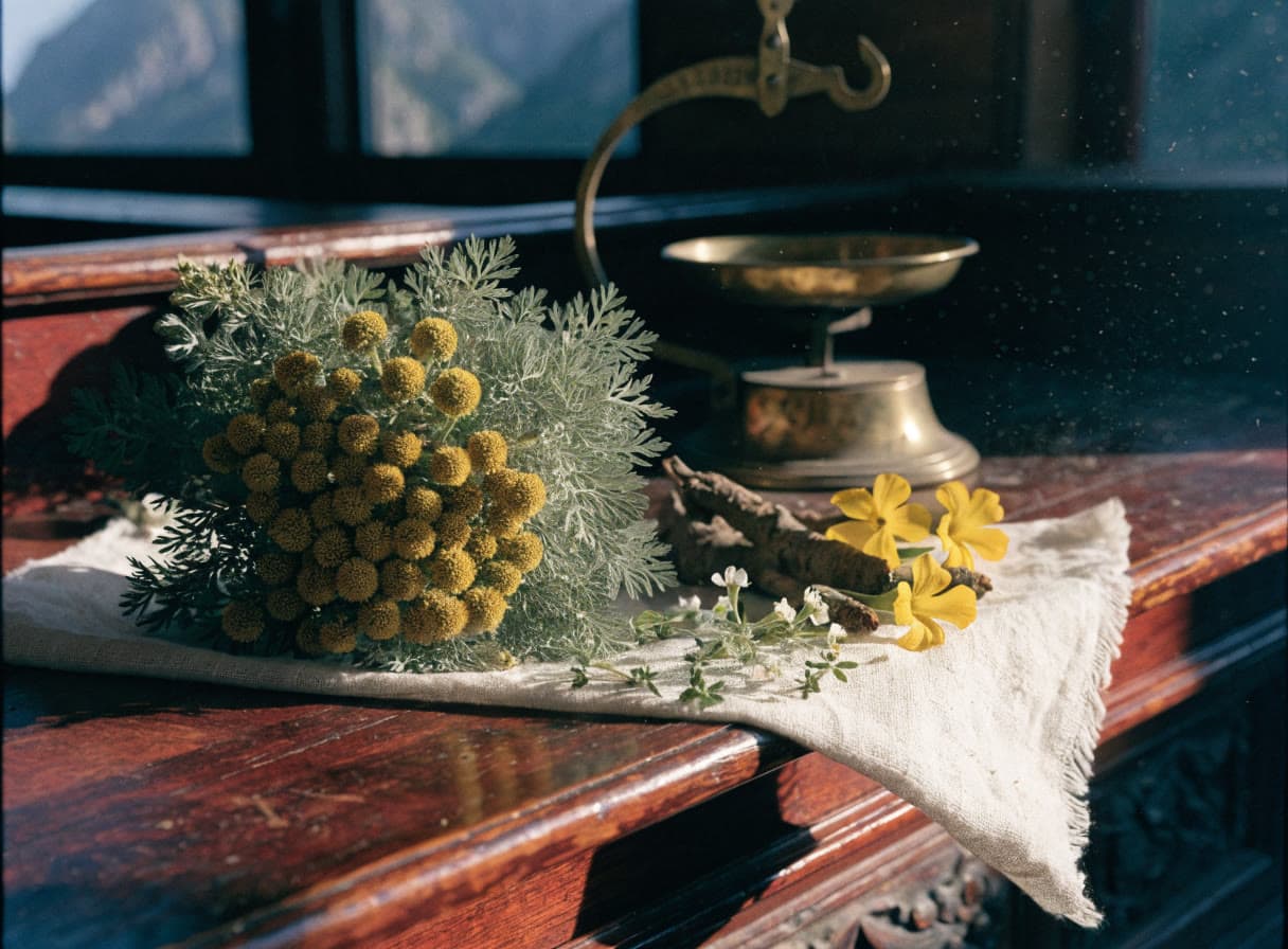 Erbe alpine e fiori di Artemisia appena raccolti su un vecchio tavolo di legno