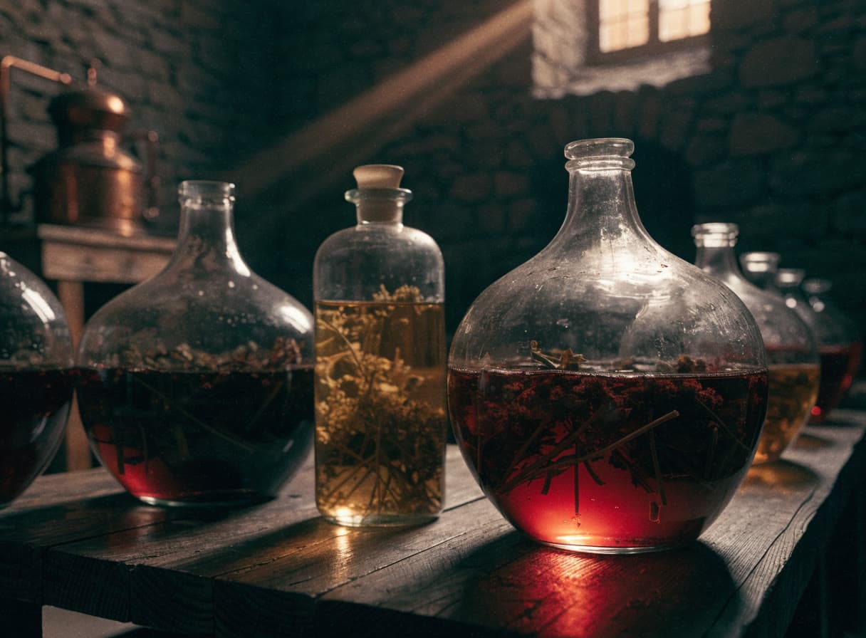 Grandi vasi di vetro con erbe in macerazione in un laboratorio in penombra