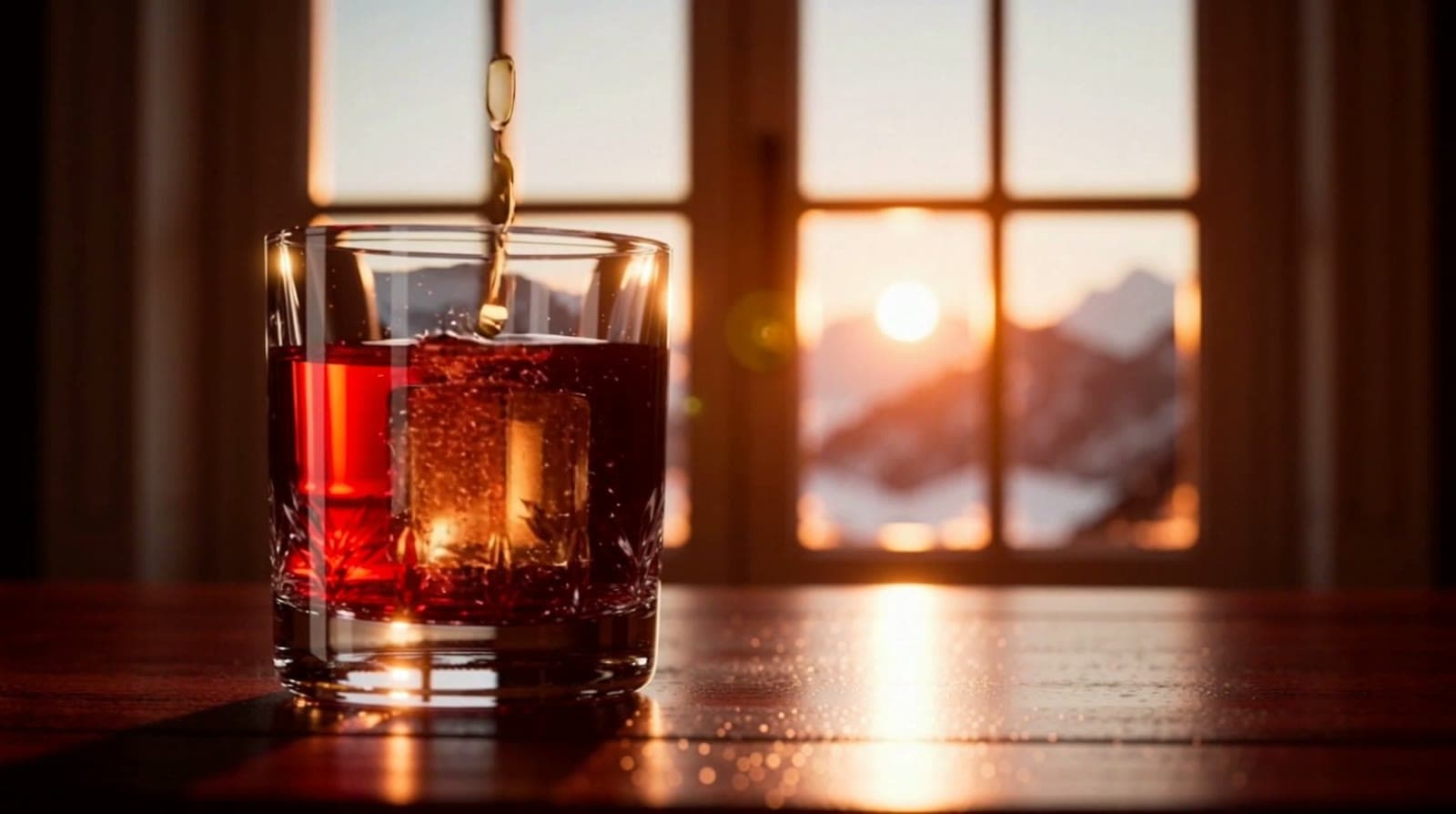 Un bicchiere di amaro con ghiaccio davanti a una finestra sulle montagne al tramonto