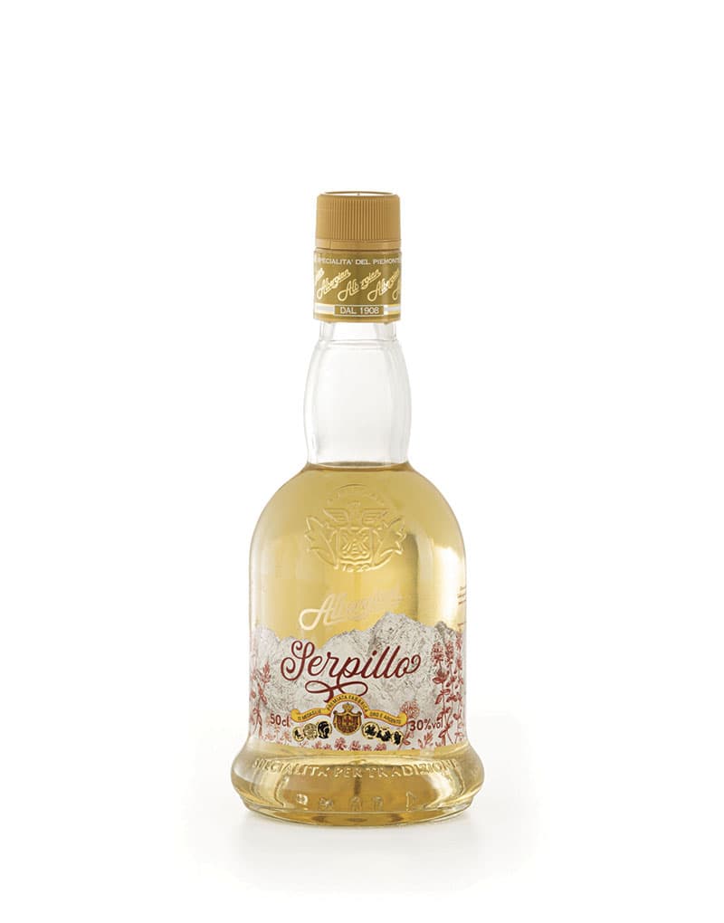 Bottiglia di Serpillo Albergian, liquore dorato